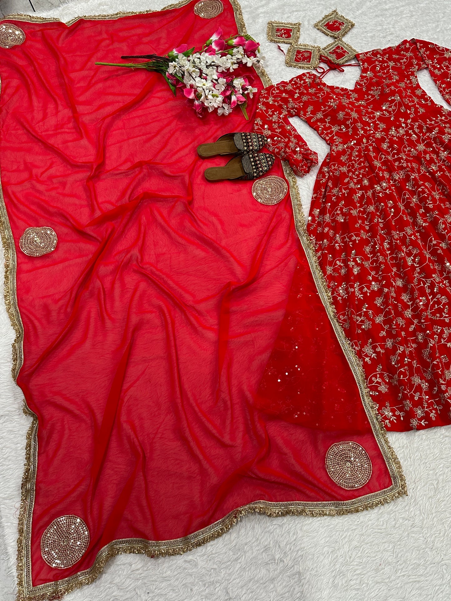 Women's Anarkali Suit Set - Heavy Blooming Georgette with Embroidery & Sequins, Full Sleeve, 4m Flair with Canvas Patta, Micro Cotton Inner, Matching Pant & Dupatta