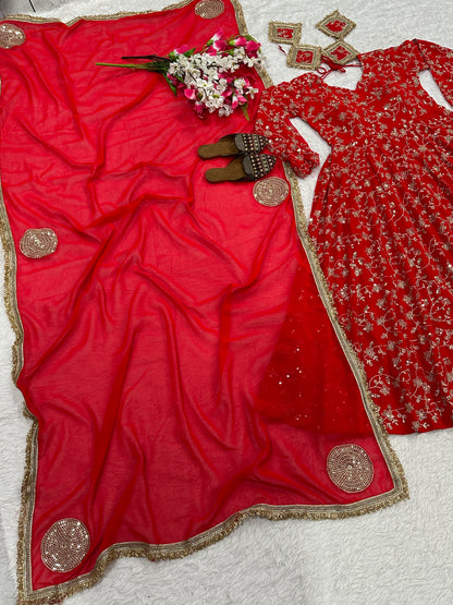Women's Anarkali Suit Set - Heavy Blooming Georgette with Embroidery & Sequins, Full Sleeve, 4m Flair with Canvas Patta, Micro Cotton Inner, Matching Pant & Dupatta