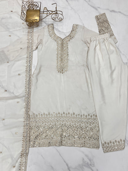NEW BEAUTIFUL PURE CHINON SILK FABRIC STRAIGHT FIT KURTA WITH DUPPTA SET,TROUSERS,READY TO WEAR