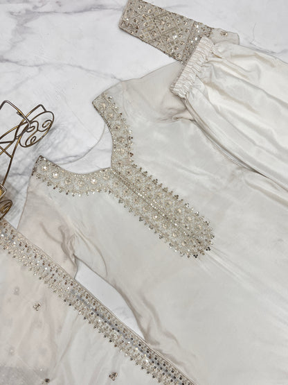 NEW BEAUTIFUL PURE CHINON SILK FABRIC STRAIGHT FIT KURTA WITH DUPPTA SET,TROUSERS,READY TO WEAR