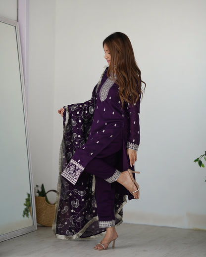 NEW BEAUTIFUL PURE BLLOOMING VICHITRA SILK FABRIC STRAIGHT FIT KURTA WITH DUPPTA SET, TROUSERS, READY TO WEAR