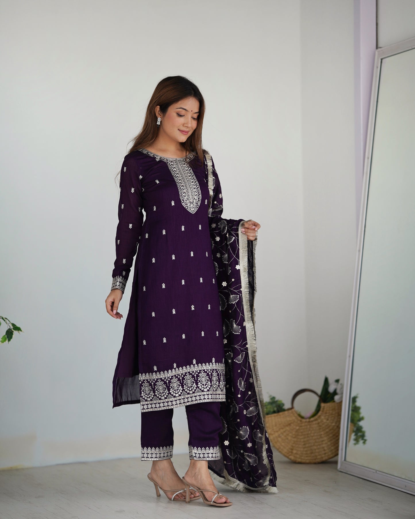 NEW BEAUTIFUL PURE BLLOOMING VICHITRA SILK FABRIC STRAIGHT FIT KURTA WITH DUPPTA SET, TROUSERS, READY TO WEAR