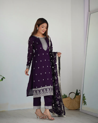 NEW BEAUTIFUL PURE BLLOOMING VICHITRA SILK FABRIC STRAIGHT FIT KURTA WITH DUPPTA SET, TROUSERS, READY TO WEAR