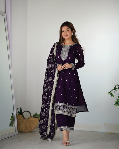 NEW BEAUTIFUL PURE BLLOOMING VICHITRA SILK FABRIC STRAIGHT FIT KURTA WITH DUPPTA SET, TROUSERS, READY TO WEAR