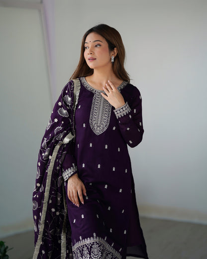 NEW BEAUTIFUL PURE BLLOOMING VICHITRA SILK FABRIC STRAIGHT FIT KURTA WITH DUPPTA SET, TROUSERS, READY TO WEAR