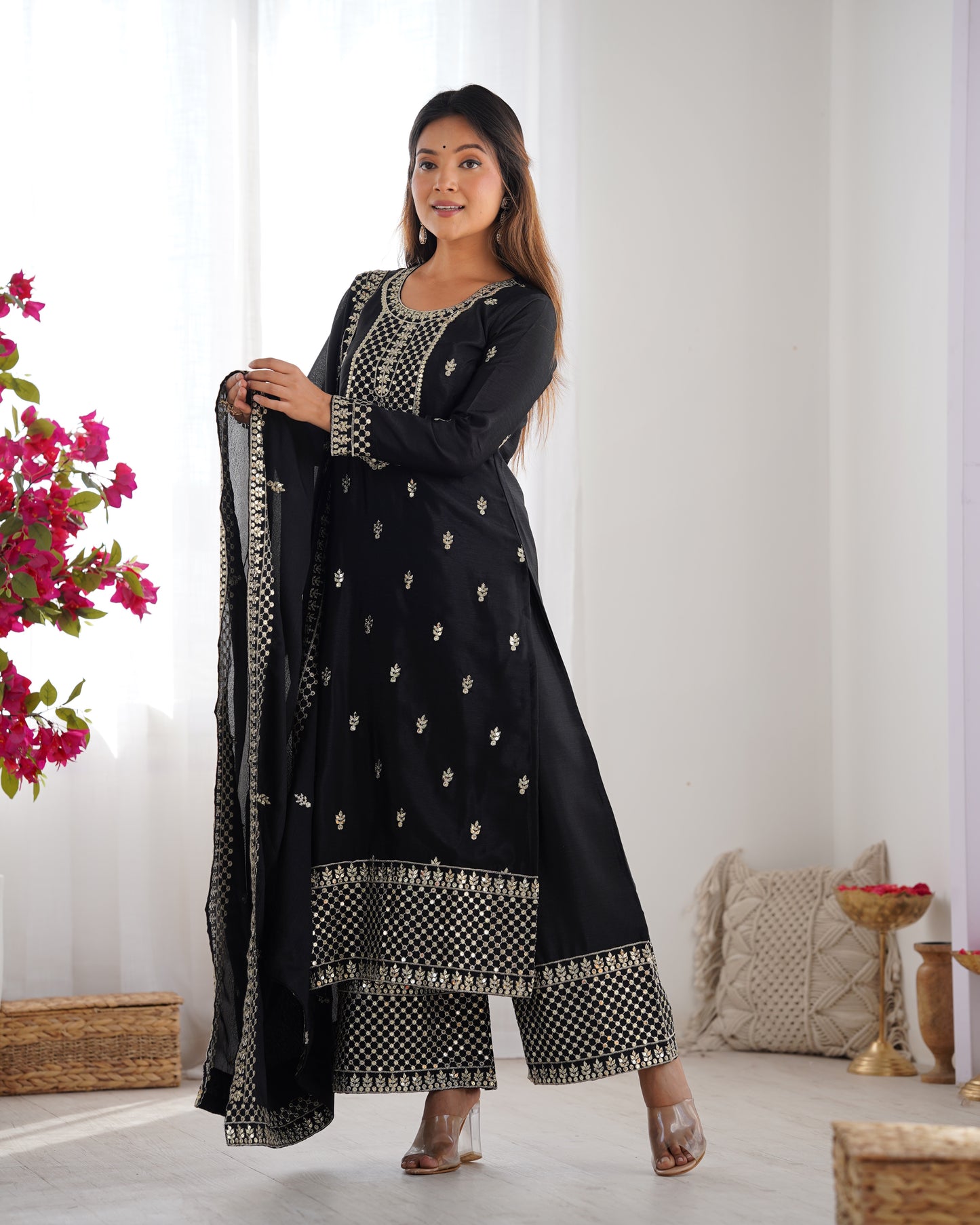 BEAUTIFUL PURE CHINON SILK FABRIC STRAIGHT FIT KURTA WITH DUPPTA SET, TROUSERS, READY TO WEAR