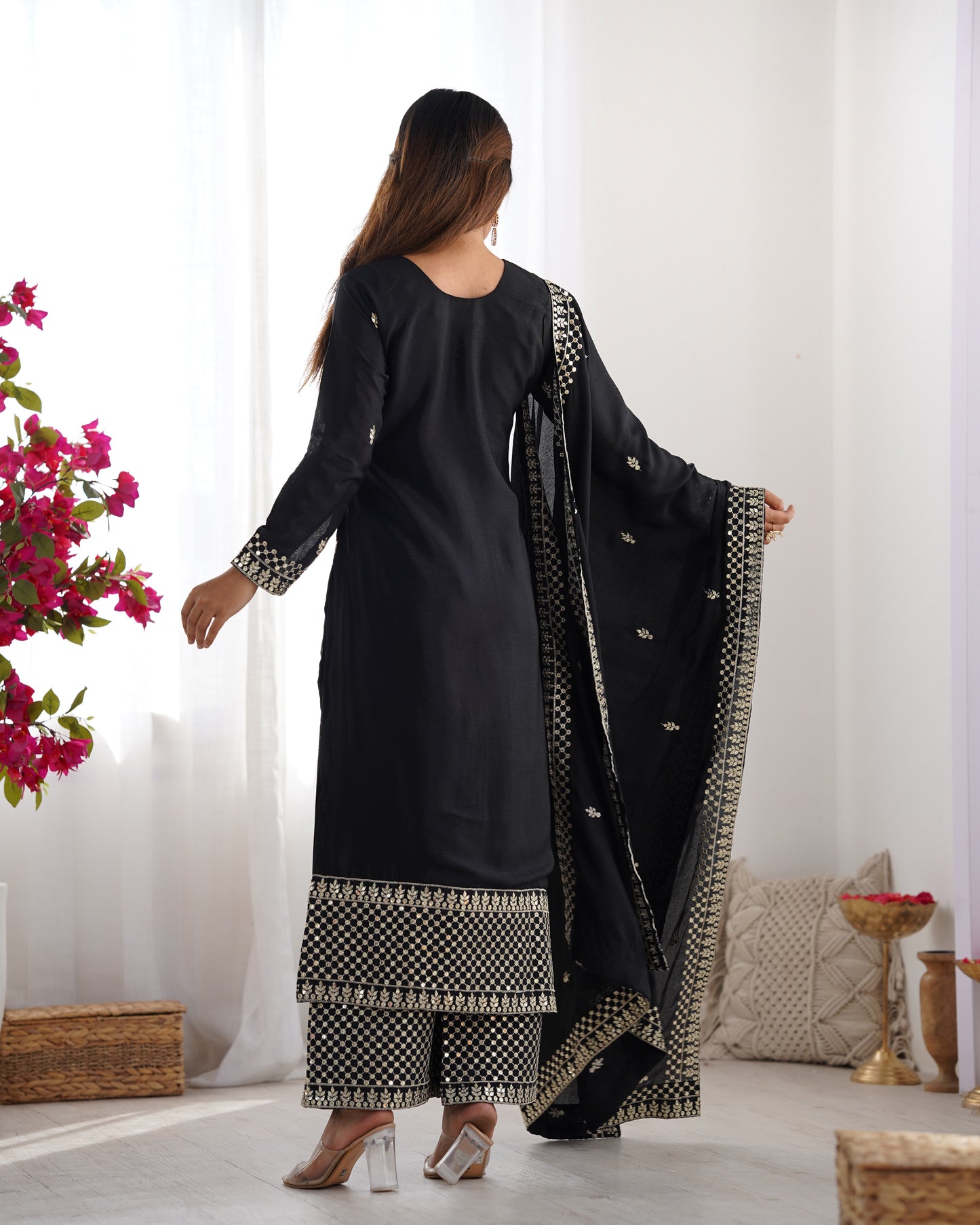 BEAUTIFUL PURE CHINON SILK FABRIC STRAIGHT FIT KURTA WITH DUPPTA SET, TROUSERS, READY TO WEAR