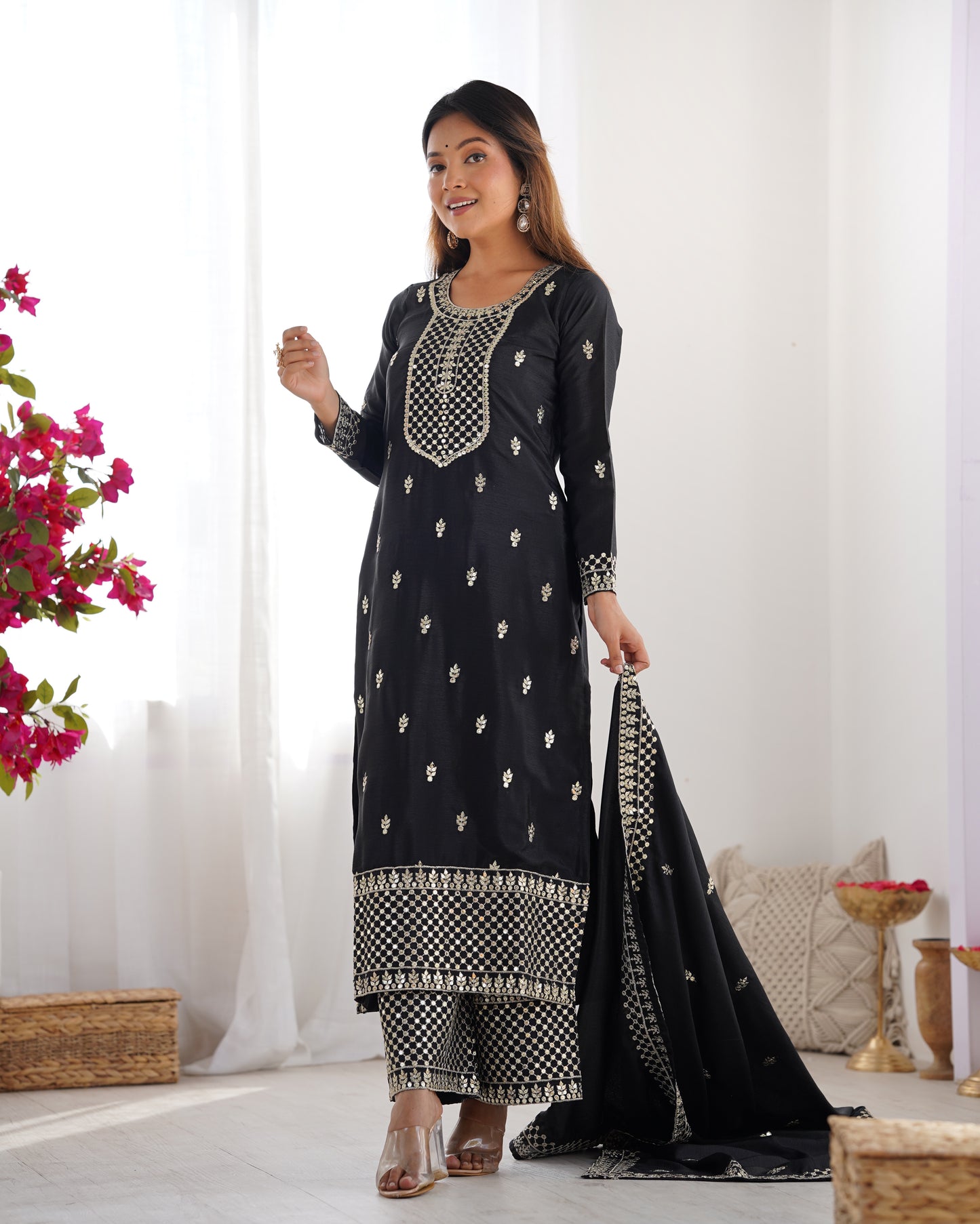 BEAUTIFUL PURE CHINON SILK FABRIC STRAIGHT FIT KURTA WITH DUPPTA SET, TROUSERS, READY TO WEAR