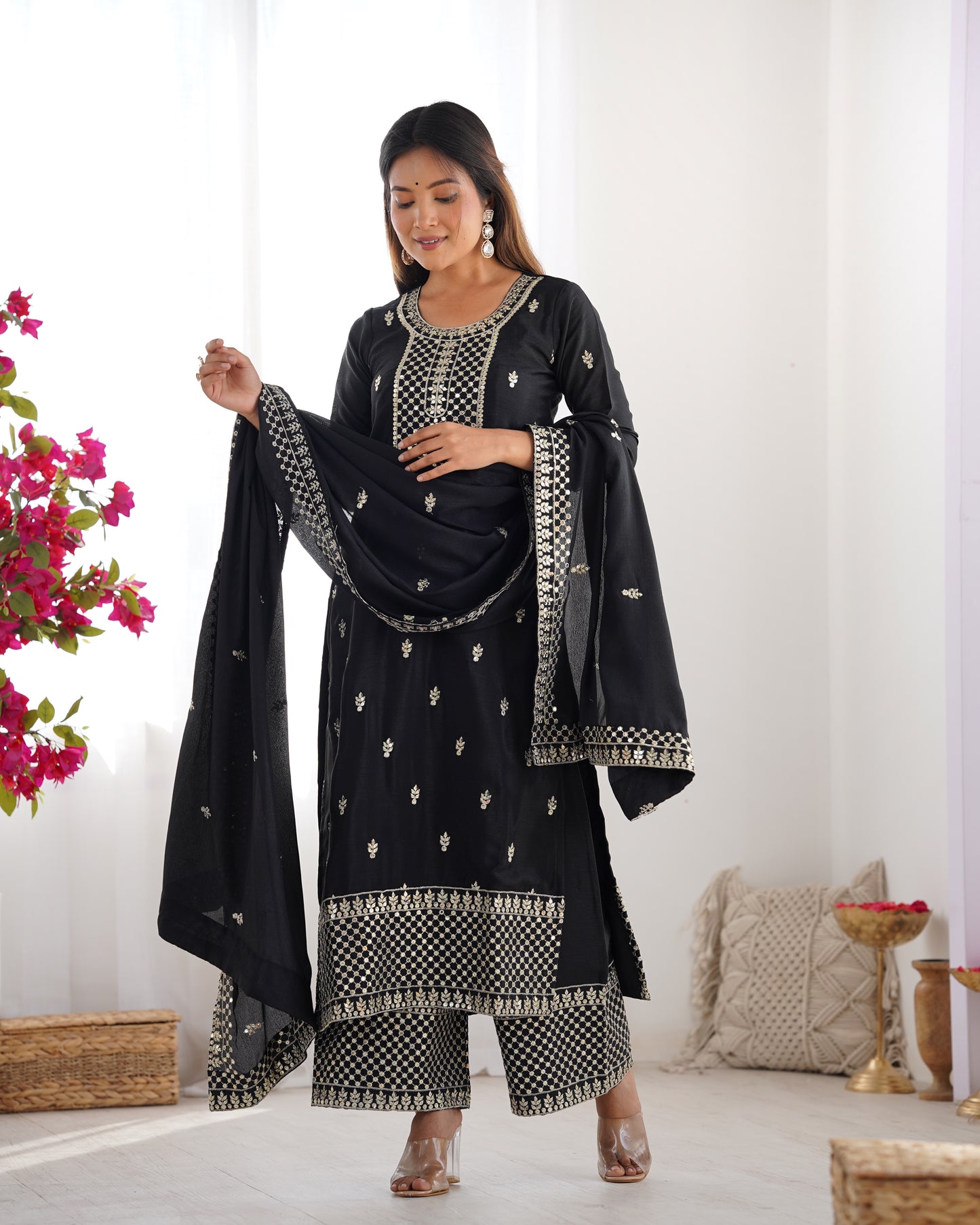 BEAUTIFUL PURE CHINON SILK FABRIC STRAIGHT FIT KURTA WITH DUPPTA SET, TROUSERS, READY TO WEAR