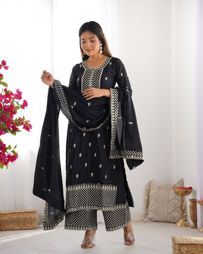 BEAUTIFUL PURE CHINON SILK FABRIC STRAIGHT FIT KURTA WITH DUPPTA SET, TROUSERS, READY TO WEAR