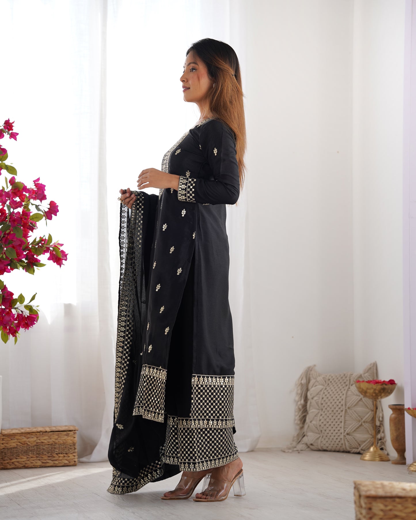 BEAUTIFUL PURE CHINON SILK FABRIC STRAIGHT FIT KURTA WITH DUPPTA SET, TROUSERS, READY TO WEAR