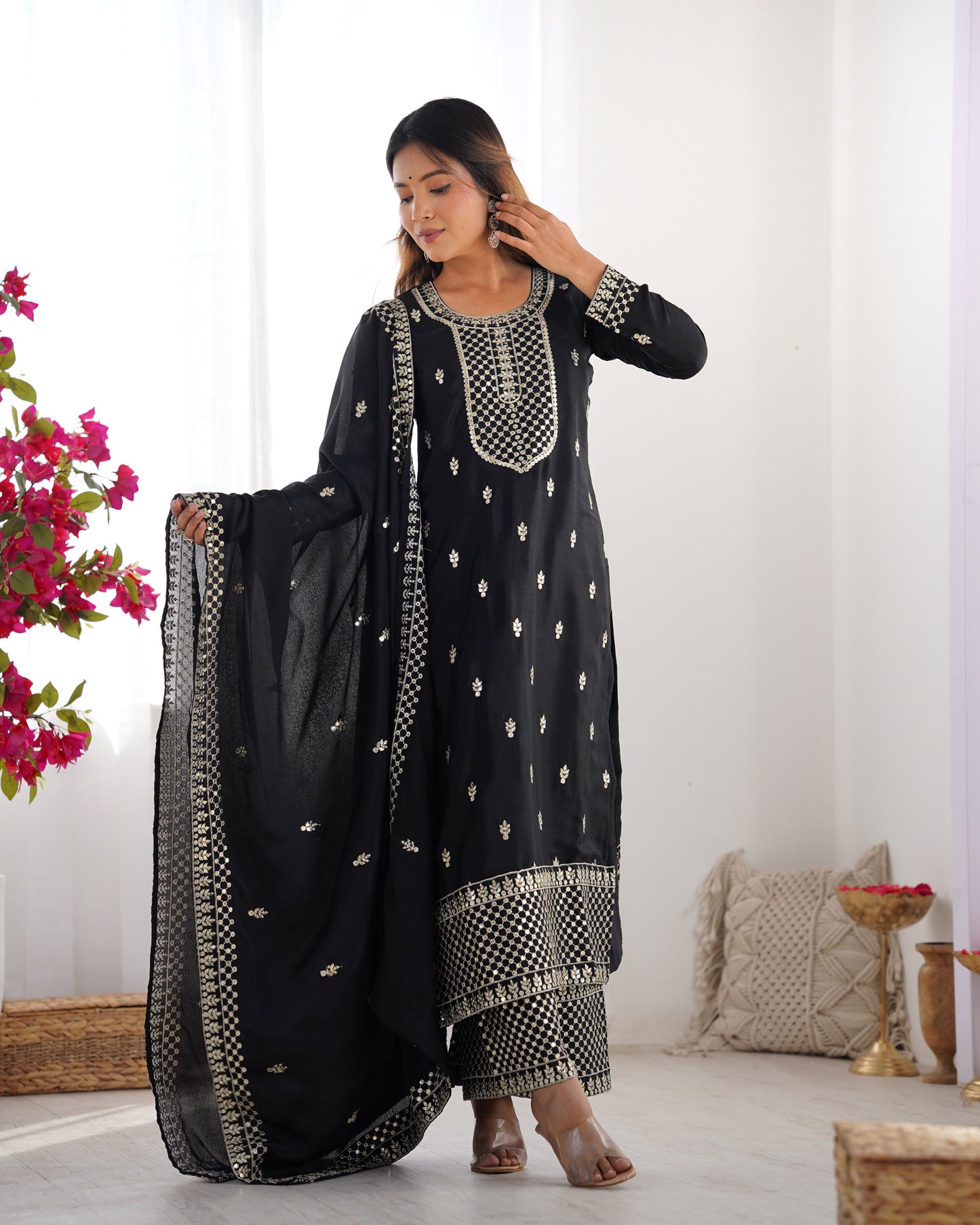 BEAUTIFUL PURE CHINON SILK FABRIC STRAIGHT FIT KURTA WITH DUPPTA SET, TROUSERS, READY TO WEAR