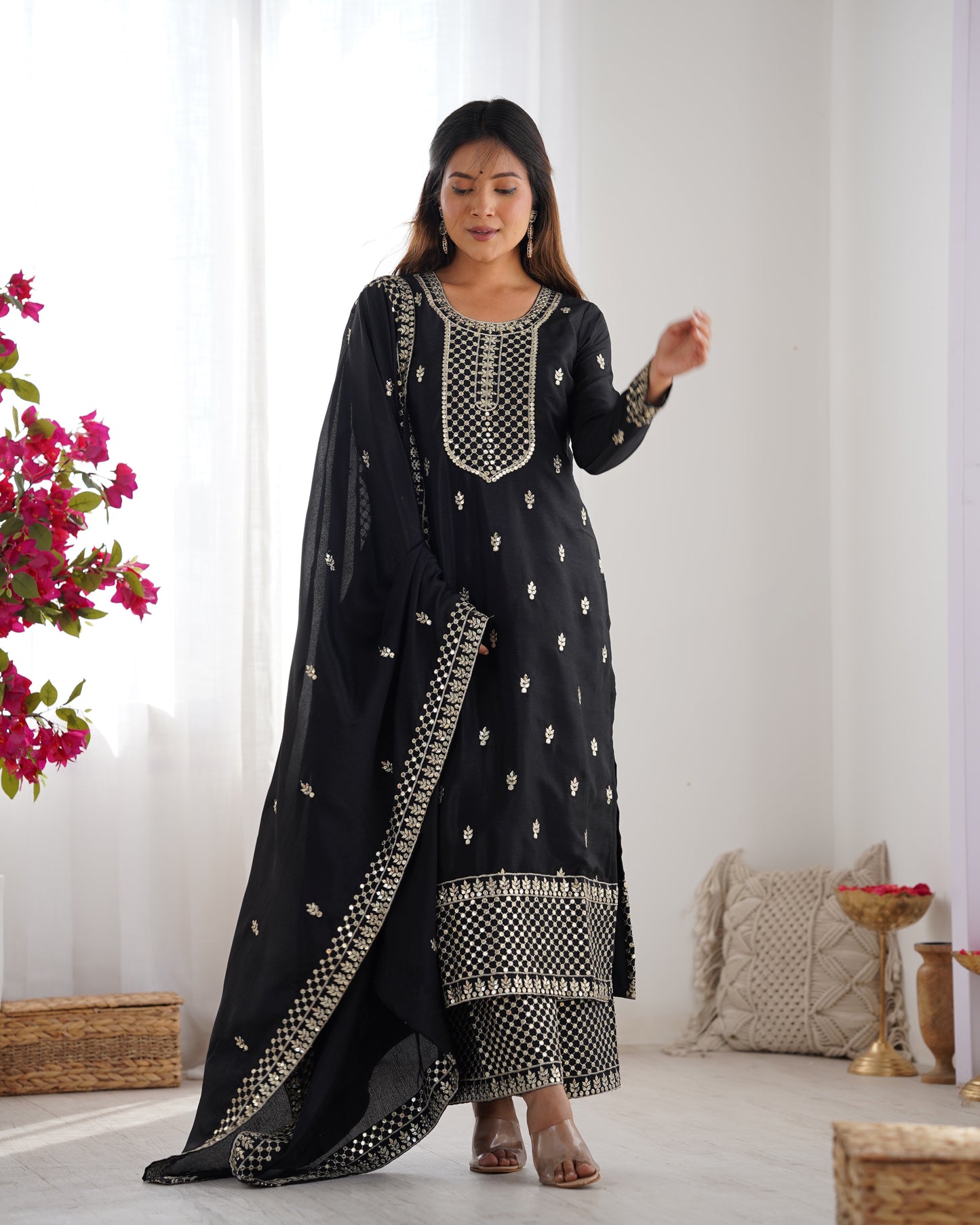 BEAUTIFUL PURE CHINON SILK FABRIC STRAIGHT FIT KURTA WITH DUPPTA SET, TROUSERS, READY TO WEAR
