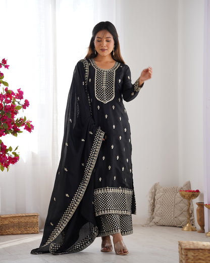 BEAUTIFUL PURE CHINON SILK FABRIC STRAIGHT FIT KURTA WITH DUPPTA SET, TROUSERS, READY TO WEAR