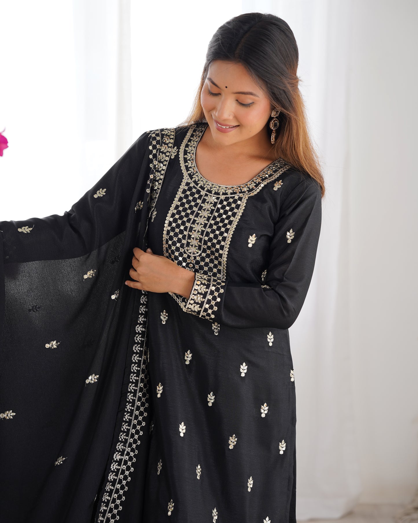 BEAUTIFUL PURE CHINON SILK FABRIC STRAIGHT FIT KURTA WITH DUPPTA SET, TROUSERS, READY TO WEAR