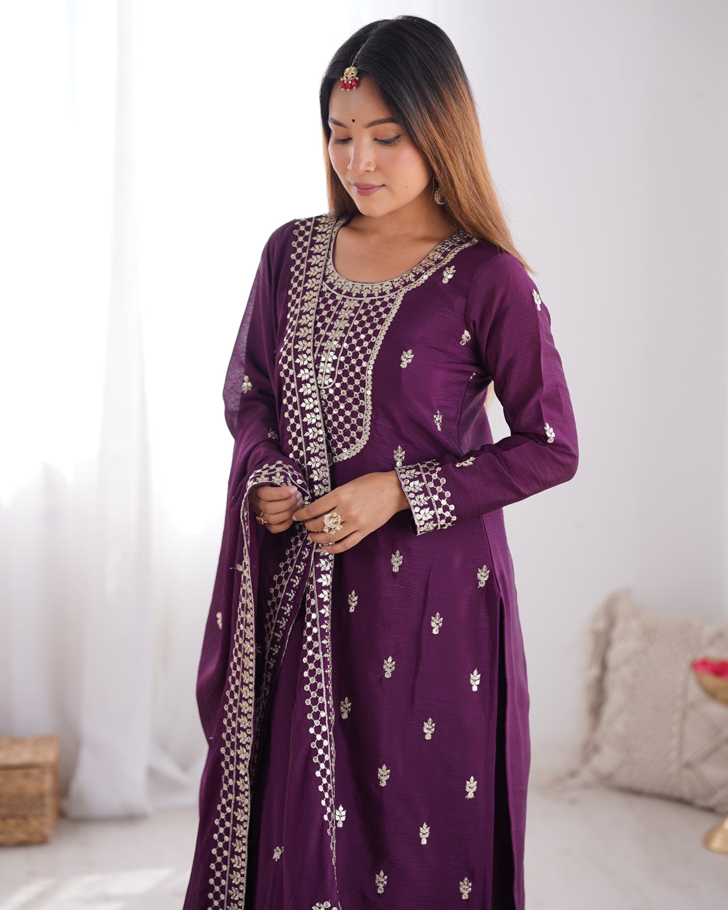 BEAUTIFUL PURE CHINON SILK FABRIC STRAIGHT FIT KURTA WITH DUPPTA SET, TROUSERS, READY TO WEAR