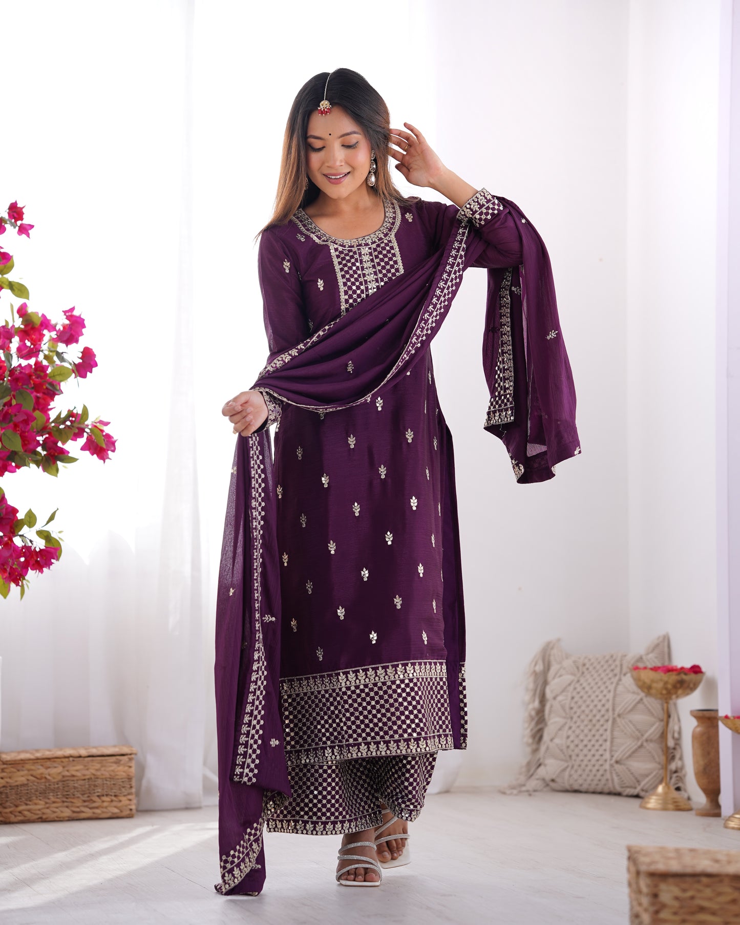 BEAUTIFUL PURE CHINON SILK FABRIC STRAIGHT FIT KURTA WITH DUPPTA SET, TROUSERS, READY TO WEAR