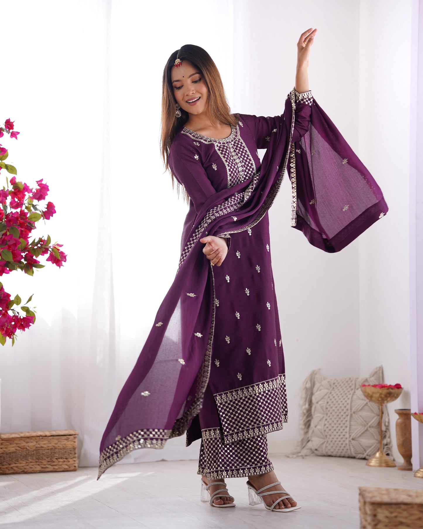 BEAUTIFUL PURE CHINON SILK FABRIC STRAIGHT FIT KURTA WITH DUPPTA SET, TROUSERS, READY TO WEAR