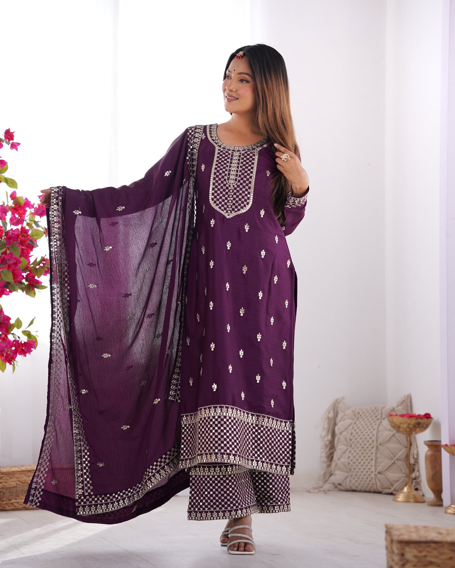 BEAUTIFUL PURE CHINON SILK FABRIC STRAIGHT FIT KURTA WITH DUPPTA SET, TROUSERS, READY TO WEAR
