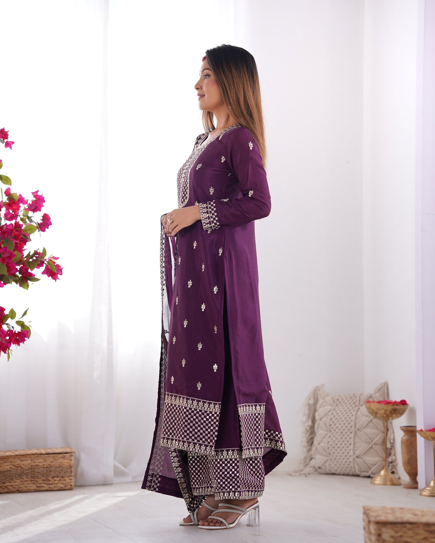 BEAUTIFUL PURE CHINON SILK FABRIC STRAIGHT FIT KURTA WITH DUPPTA SET, TROUSERS, READY TO WEAR
