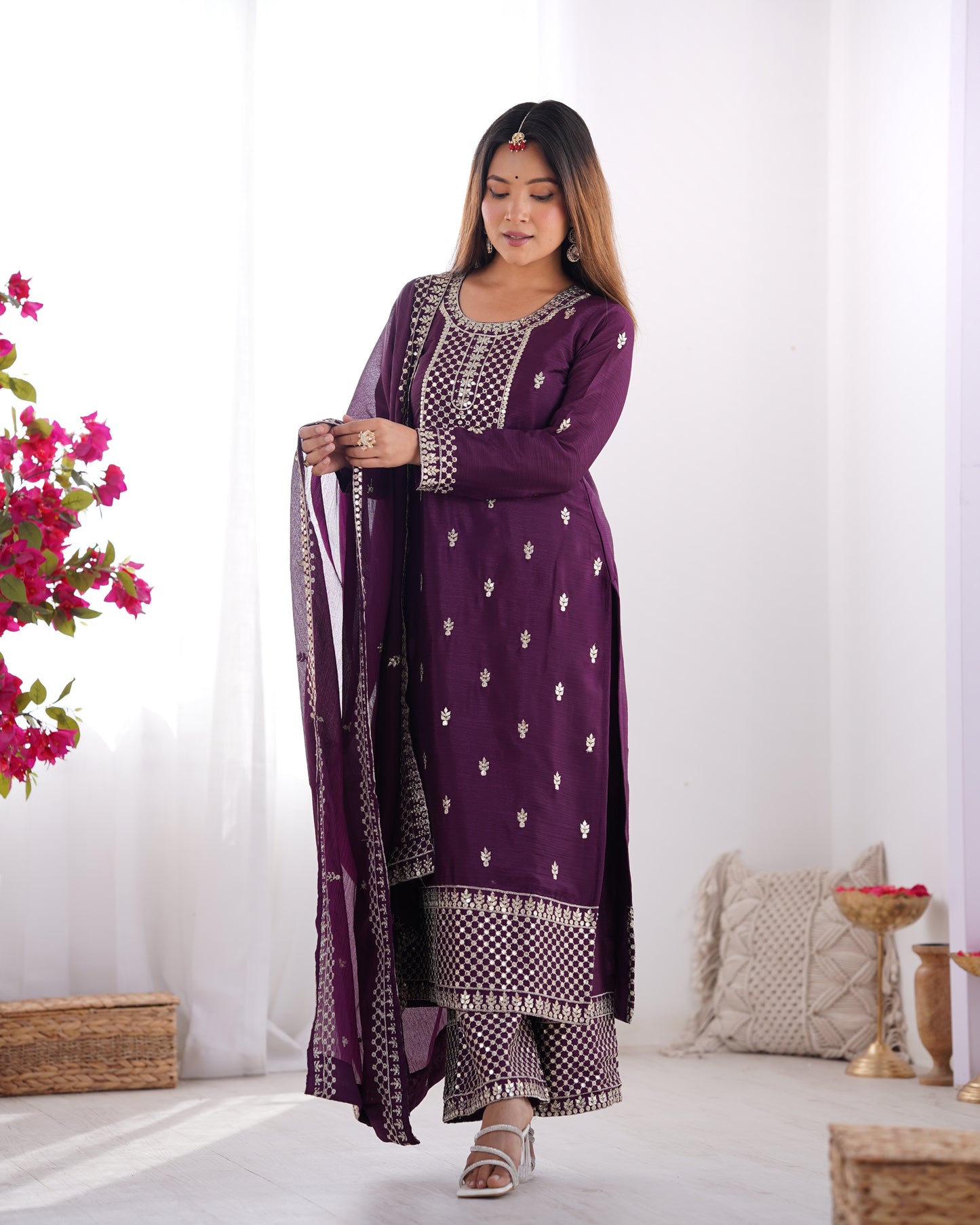 BEAUTIFUL PURE CHINON SILK FABRIC STRAIGHT FIT KURTA WITH DUPPTA SET, TROUSERS, READY TO WEAR