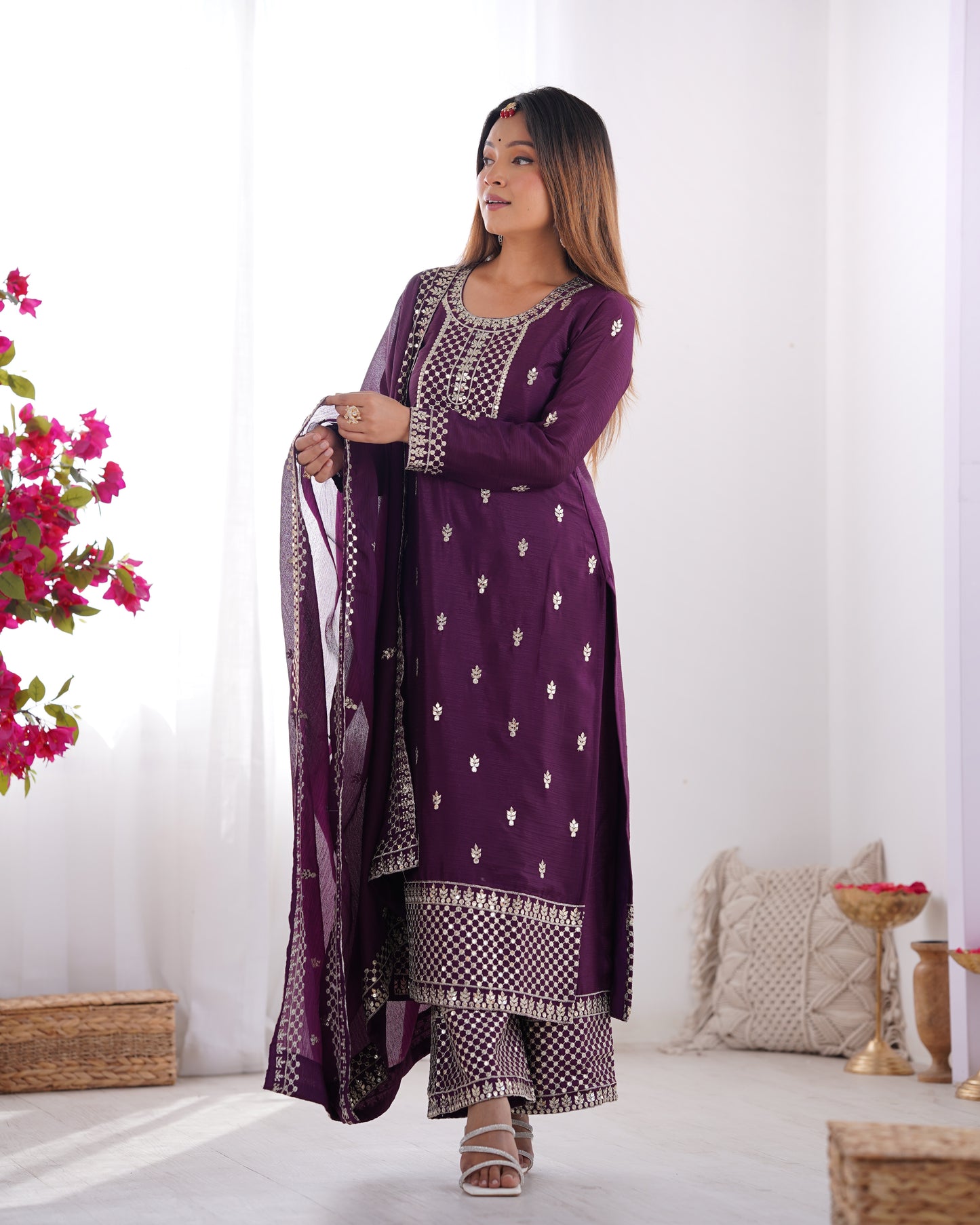 BEAUTIFUL PURE CHINON SILK FABRIC STRAIGHT FIT KURTA WITH DUPPTA SET, TROUSERS, READY TO WEAR