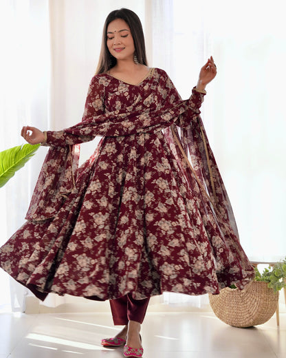 PURE FOX GEORGETTE MULTI FLORAL PRINT FABRIC FULLY FLAIR ANARKALI, WITH DUPPTA SET, PENT READY TO WEAR
