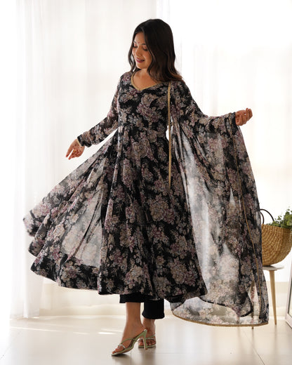 PURE FOX GEORGETTE MULTI FLORAL PRINT FABRIC FULLY FLAIR ANARKALI, WITH DUPPTA SET, PENT READY TO WEAR