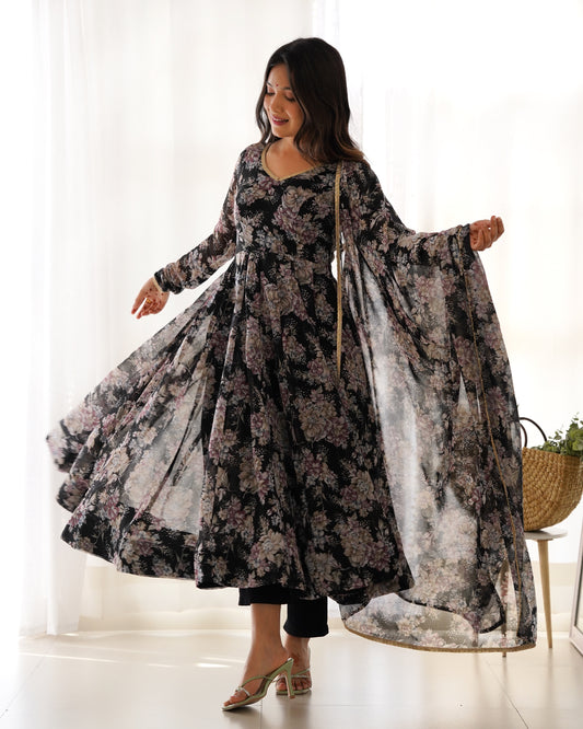 PURE FOX GEORGETTE MULTI FLORAL PRINT FABRIC FULLY FLAIR ANARKALI, WITH DUPPTA SET, PENT READY TO WEAR
