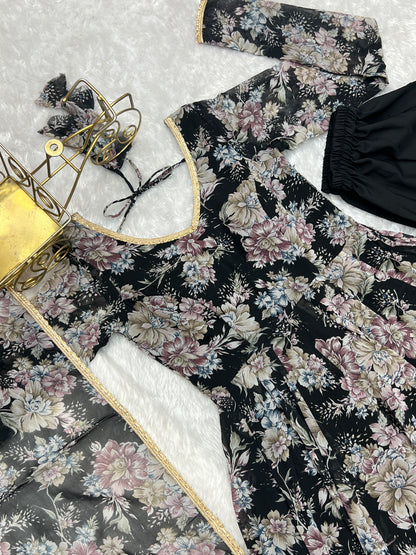 PURE FOX GEORGETTE MULTI FLORAL PRINT FABRIC FULLY FLAIR ANARKALI, WITH DUPPTA SET, PENT READY TO WEAR