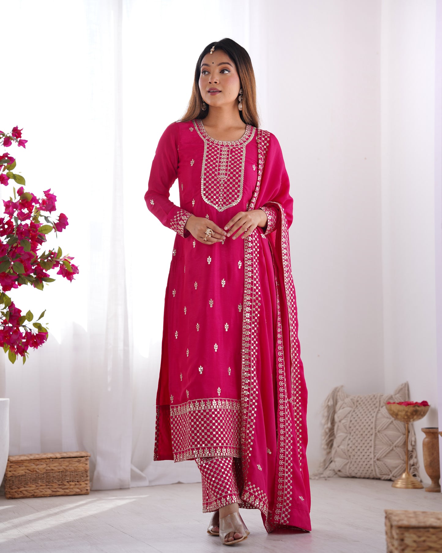 BEAUTIFUL PURE CHINON SILK FABRIC STRAIGHT FIT KURTA WITH DUPPTA SET, TROUSERS, READY TO WEAR