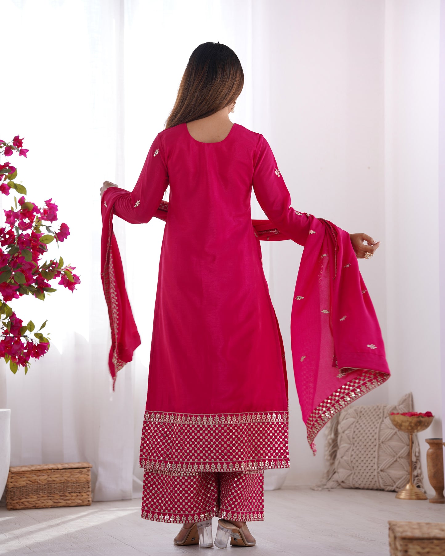 BEAUTIFUL PURE CHINON SILK FABRIC STRAIGHT FIT KURTA WITH DUPPTA SET, TROUSERS, READY TO WEAR