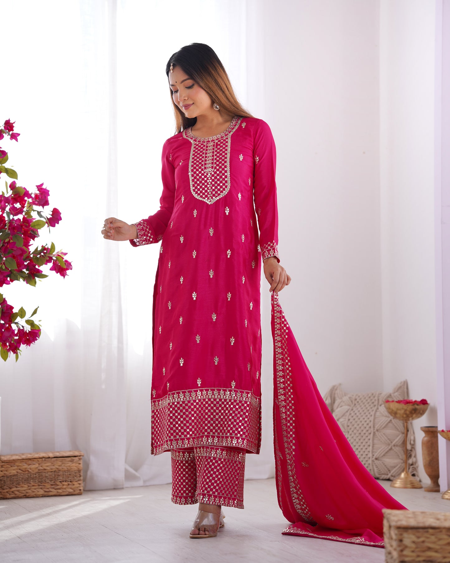 BEAUTIFUL PURE CHINON SILK FABRIC STRAIGHT FIT KURTA WITH DUPPTA SET, TROUSERS, READY TO WEAR