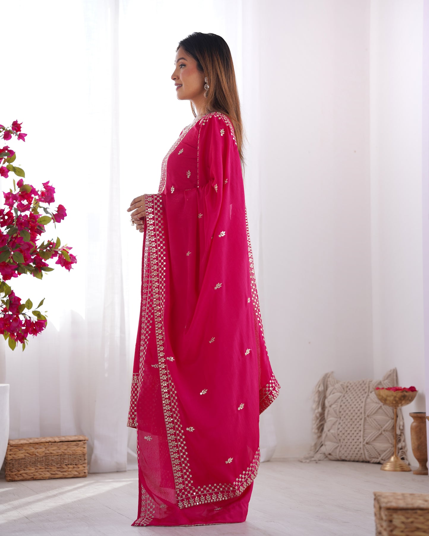 BEAUTIFUL PURE CHINON SILK FABRIC STRAIGHT FIT KURTA WITH DUPPTA SET, TROUSERS, READY TO WEAR
