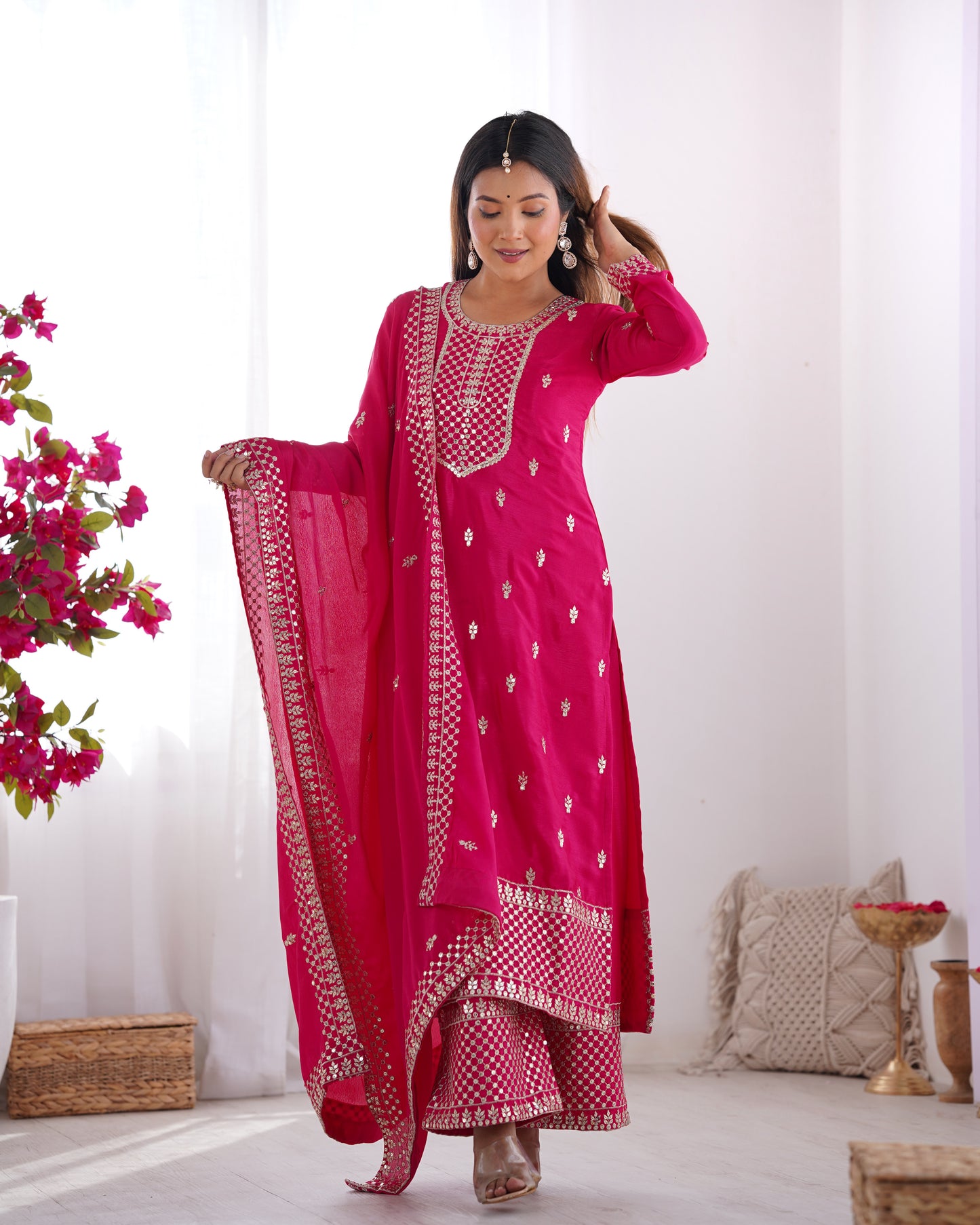 BEAUTIFUL PURE CHINON SILK FABRIC STRAIGHT FIT KURTA WITH DUPPTA SET, TROUSERS, READY TO WEAR