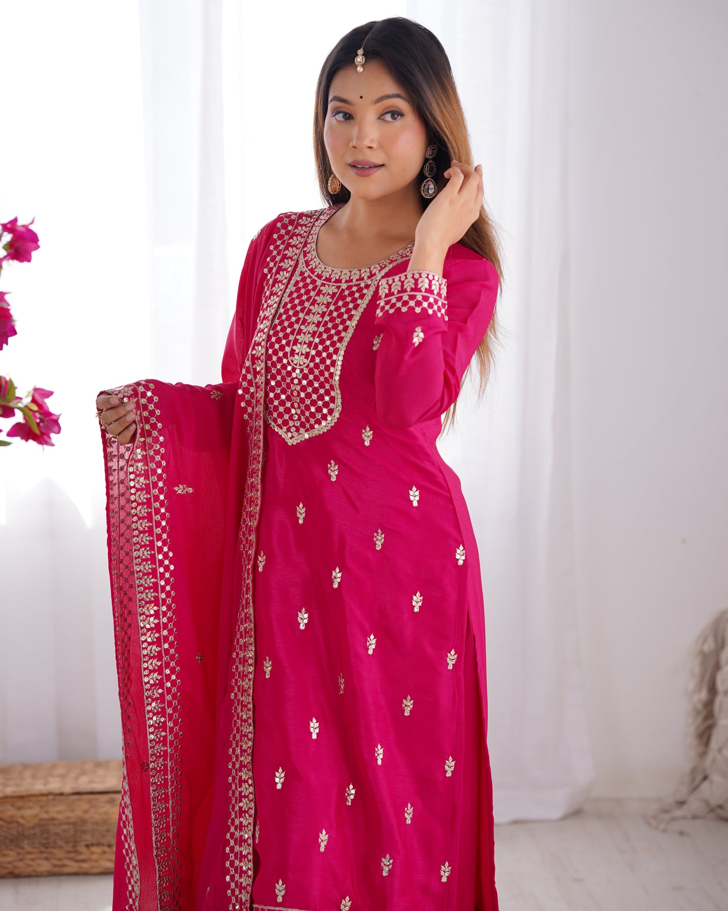 BEAUTIFUL PURE CHINON SILK FABRIC STRAIGHT FIT KURTA WITH DUPPTA SET, TROUSERS, READY TO WEAR