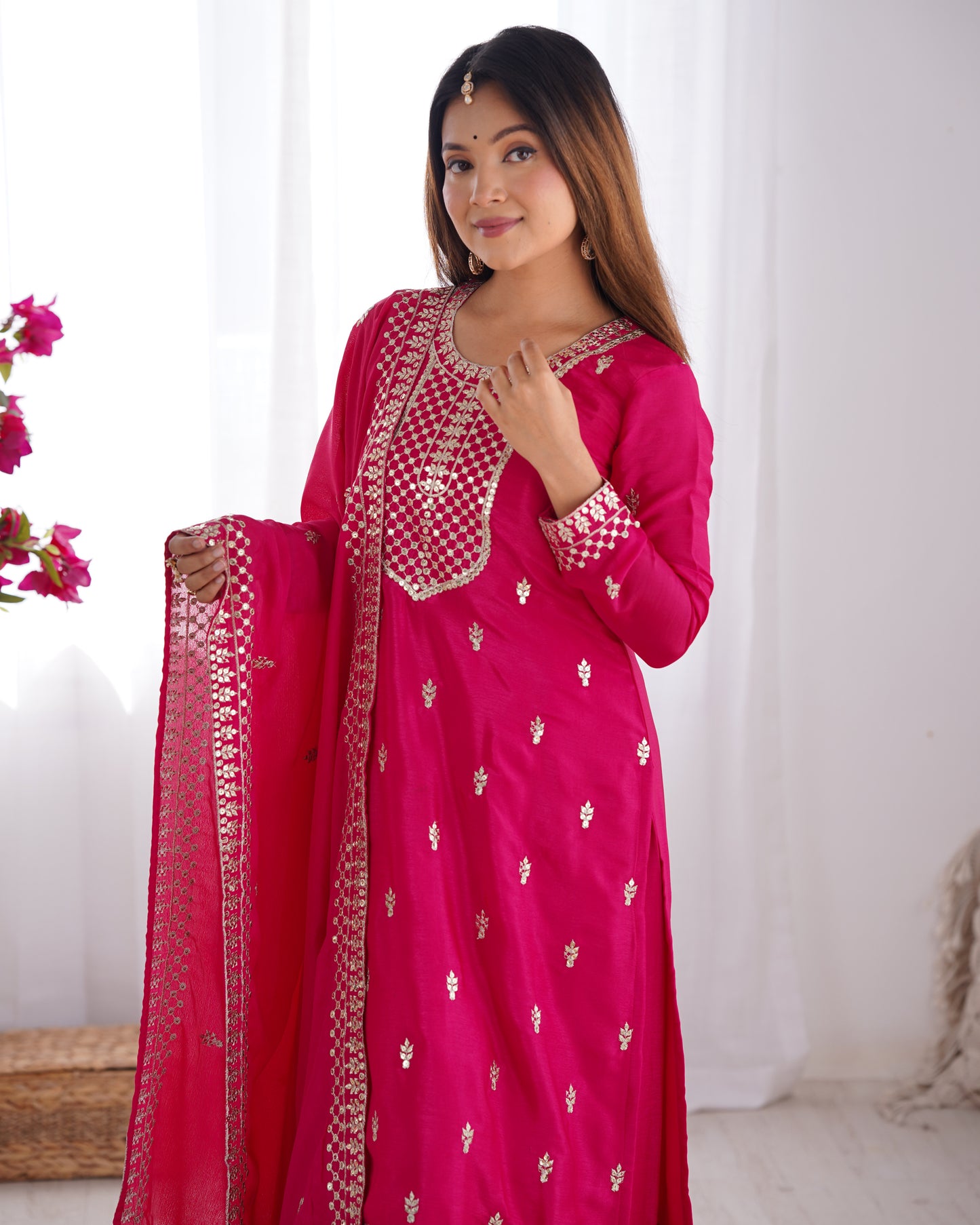 BEAUTIFUL PURE CHINON SILK FABRIC STRAIGHT FIT KURTA WITH DUPPTA SET, TROUSERS, READY TO WEAR
