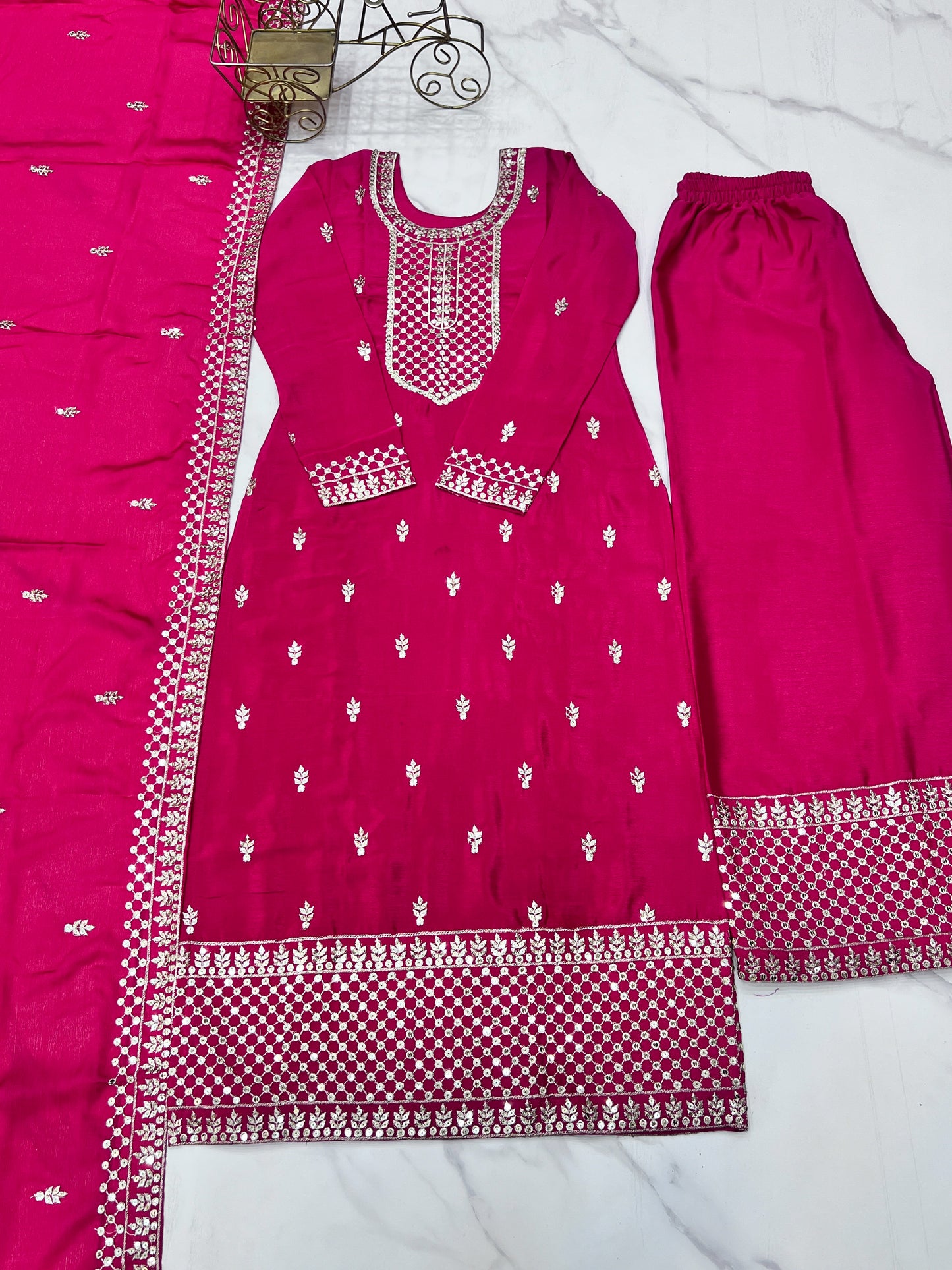 BEAUTIFUL PURE CHINON SILK FABRIC STRAIGHT FIT KURTA WITH DUPPTA SET, TROUSERS, READY TO WEAR