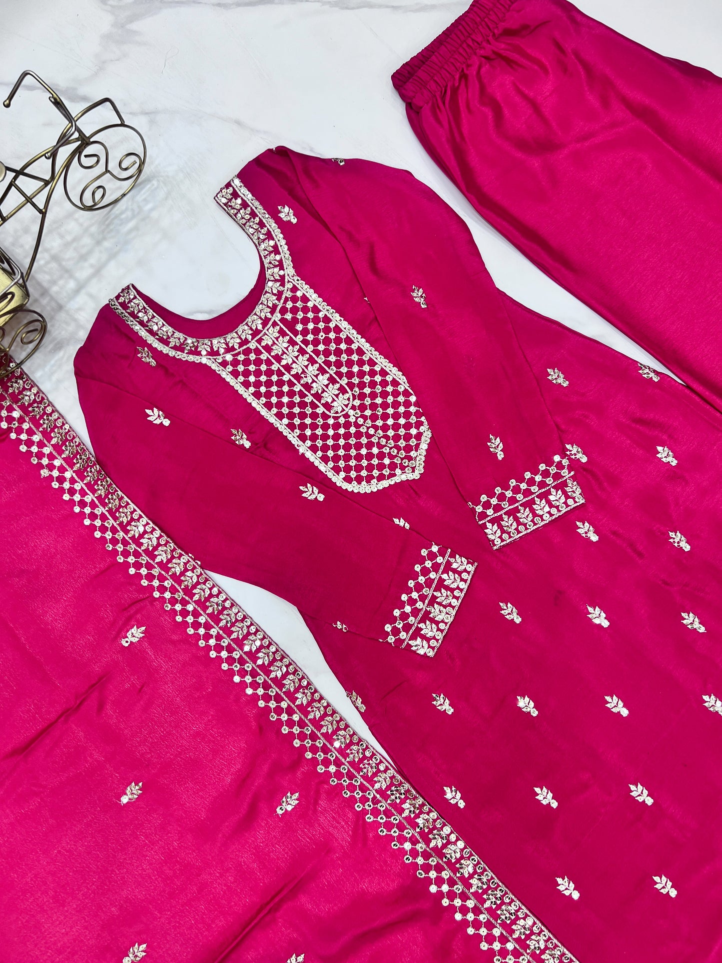 BEAUTIFUL PURE CHINON SILK FABRIC STRAIGHT FIT KURTA WITH DUPPTA SET, TROUSERS, READY TO WEAR