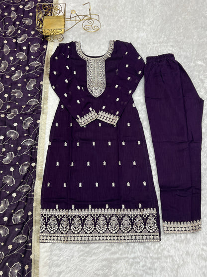 NEW BEAUTIFUL PURE BLLOOMING VICHITRA SILK FABRIC STRAIGHT FIT KURTA WITH DUPPTA SET, TROUSERS, READY TO WEAR