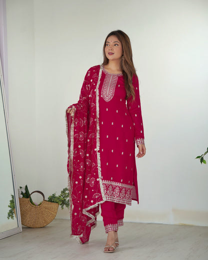 NEW BEAUTIFUL PURE BLLOOMING VICHITRA SILK FABRIC STRAIGHT FIT KURTA WITH DUPPTA SET, TROUSERS, READY TO WEAR