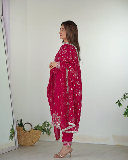 NEW BEAUTIFUL PURE BLLOOMING VICHITRA SILK FABRIC STRAIGHT FIT KURTA WITH DUPPTA SET, TROUSERS, READY TO WEAR