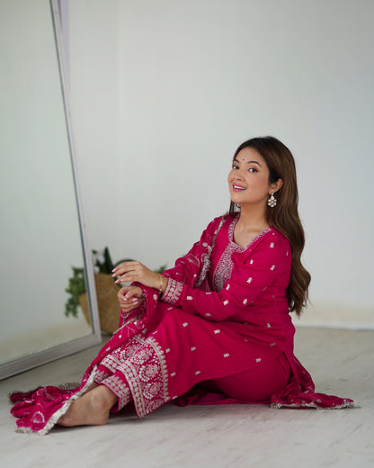 NEW BEAUTIFUL PURE BLLOOMING VICHITRA SILK FABRIC STRAIGHT FIT KURTA WITH DUPPTA SET, TROUSERS, READY TO WEAR