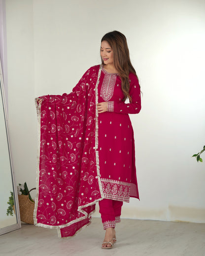 NEW BEAUTIFUL PURE BLLOOMING VICHITRA SILK FABRIC STRAIGHT FIT KURTA WITH DUPPTA SET, TROUSERS, READY TO WEAR