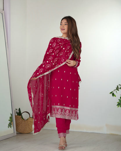 NEW BEAUTIFUL PURE BLLOOMING VICHITRA SILK FABRIC STRAIGHT FIT KURTA WITH DUPPTA SET, TROUSERS, READY TO WEAR