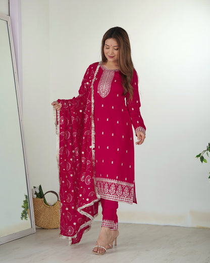 NEW BEAUTIFUL PURE BLLOOMING VICHITRA SILK FABRIC STRAIGHT FIT KURTA WITH DUPPTA SET, TROUSERS, READY TO WEAR