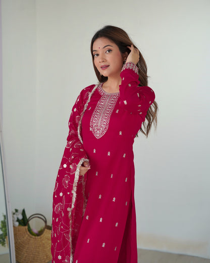 NEW BEAUTIFUL PURE BLLOOMING VICHITRA SILK FABRIC STRAIGHT FIT KURTA WITH DUPPTA SET, TROUSERS, READY TO WEAR