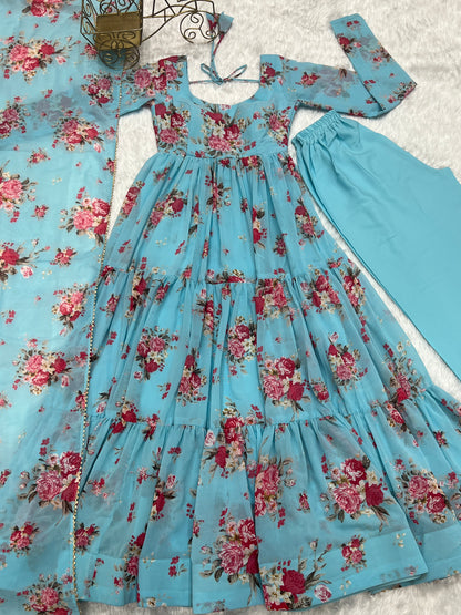 PURE SOFT FOX GEORGETTE FLORAL PRINT FABRIC FULLY FLAIR ANARKALI,WITH DUPPTA SET,PENT READY TO WEAR