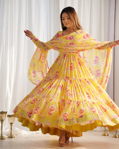 PURE SOFT FOX GEORGETTE FLORAL PRINT FABRIC FULLY FLAIR ANARKALI,WITH DUPPTA SET,PENT READY TO WEAR