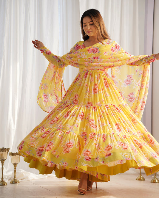 PURE SOFT FOX GEORGETTE FLORAL PRINT FABRIC FULLY FLAIR ANARKALI,WITH DUPPTA SET,PENT READY TO WEAR